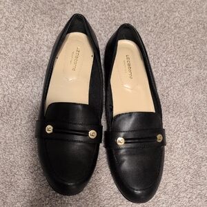 Liz Claiborne Black Leather Loafers with Gold Accents